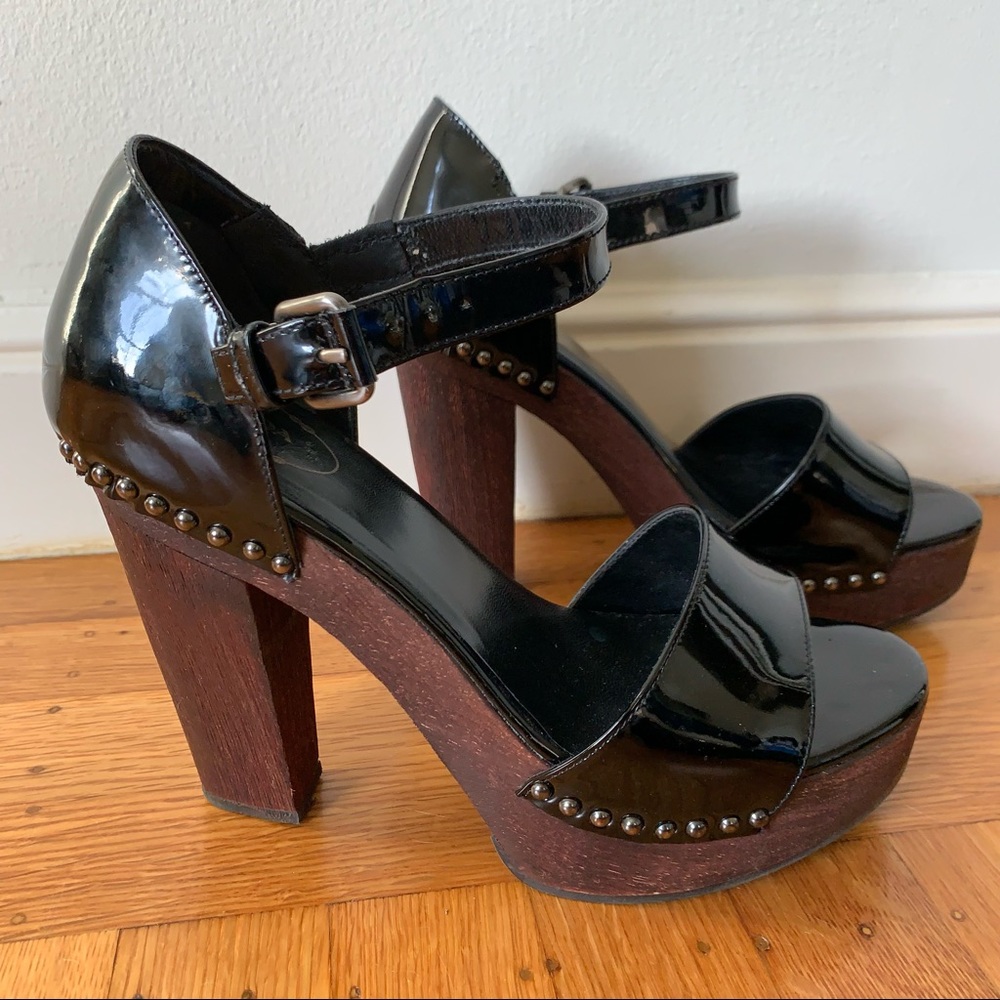PRADA black patent leather platform sandals wood block heels studded shoe sz 9.5